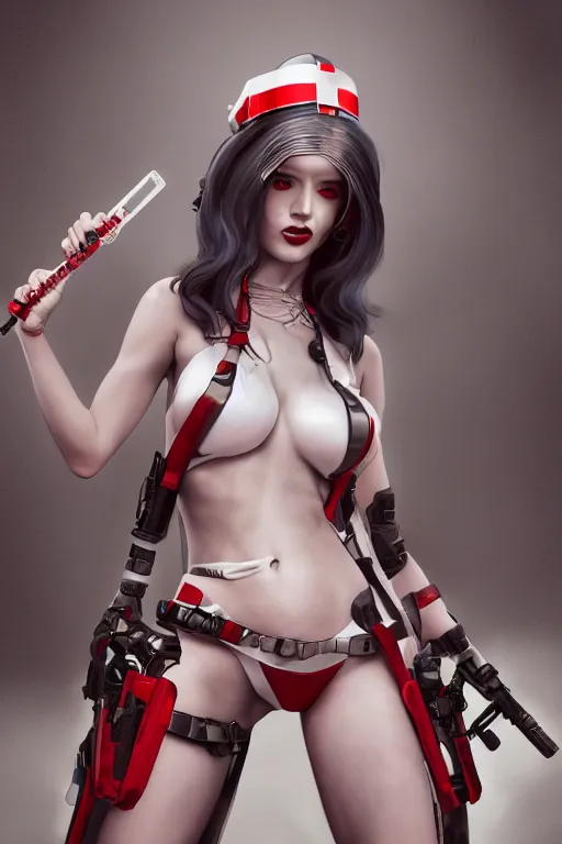 Image similar to covid - 1 9 nurse holding a syringe, wearing nurse bikini armor, black and white and red, cyberpunk, by tom bagshaw and alphonse mucha and atey ghailan and artgerm and and greg rutkowski and hajime soriyama, hyper realistic, octane render, trending on artstation