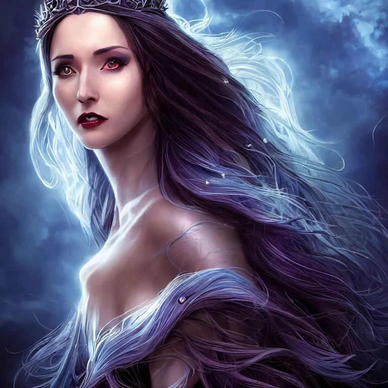 Image similar to beautiful cinematic fantasy poster, Jessica Chobot as a vampire wearing a jeweled silver crown with brilliant silver flowing hair, beautiful blue glowing eyes, wideshot ultrawide angle epic scale, hybrid from The Elden Ring and art direction by Darius Zawadzki ;by artgerm; wayne reynolds art station; cinematic quality character render; low angle; ultra high quality model; production quality cinema model;