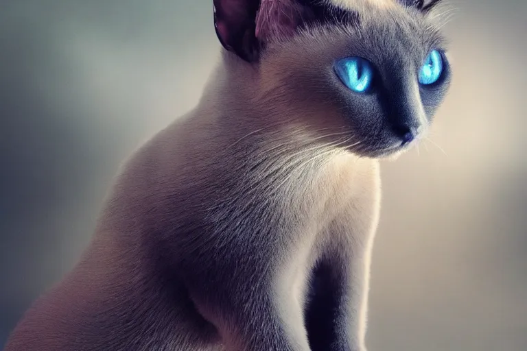 Image similar to beautiful Siamese cats sits on a Korg Kaoss Pad, Siamese cat with blue eyes stares into the camera, beautiful, Highly detailed, smoky, Cinematic. Balanced, 4k, balanced, Realistic, detailed.