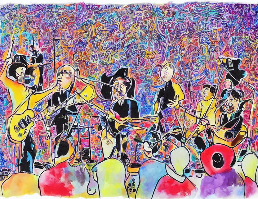 Image similar to a painting of a concert by vegatables playing music of the Beatles in the style of artist James Jean