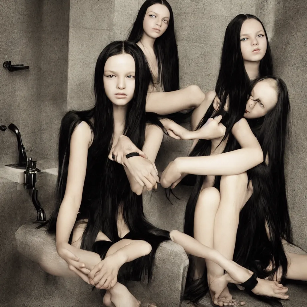 Prompt: photo of young girl with straight long black hair wearing black dress and sitting on bathroom floor, photo made by mario testino and vanessa beecroft, render by artgem for capcom co, resident evil