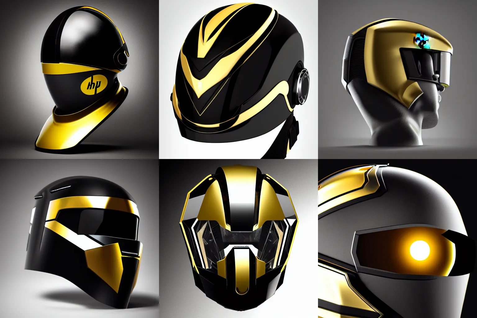 Prompt: resonant genetically augmented soldier high tech helmet designed by hp in black and gold, sleek elegant psychic caster's helmet, high octane cybernetics, ultra 4 k concept turnaround