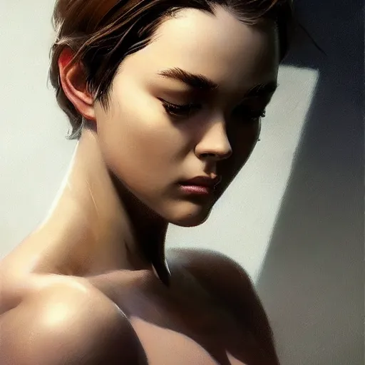 Image similar to insanely detailed head and shoulders oil on canvas masterpiece. artstation. by frank frazetta!!!, wlop, ilya kuvshinov, krenz cushart, greg rutkowski, pixiv. zbrush sculpt, octane, maya, houdini, vfx. elle fanning! in prey!. cinematic dramatic atmosphere, sharp focus, volumetric lighting.