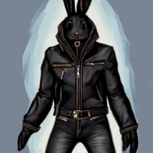 Prompt: A bunny with a small head wearing a fine intricate leather jacket and leather jeans and leather gloves, trending on FurAffinity, energetic