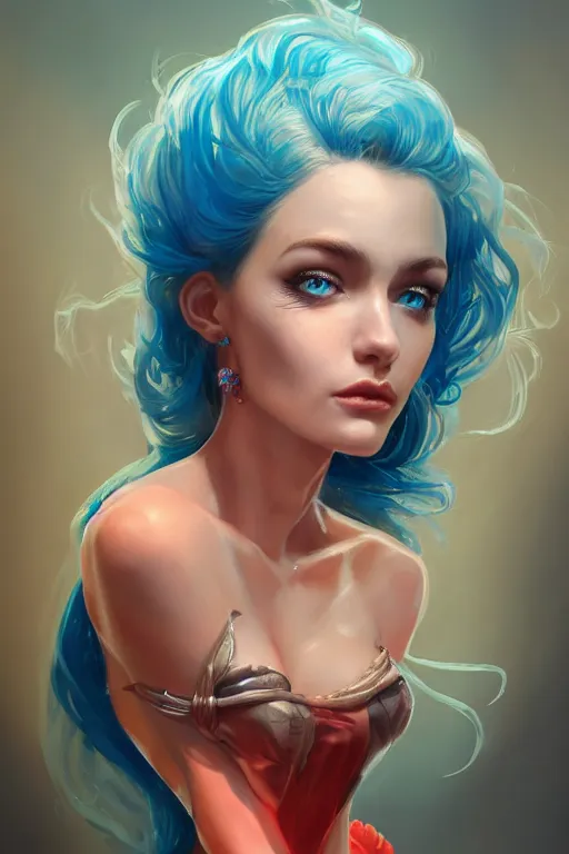 Image similar to an insanely detailed bust up portrait of a beautiful woman facing you, highly detailed features, sparkling blue eyes, long eyelashes, short electric blue hair, beautiful smile, red dress, in the style of peter mohrbacher, artgerm, dramatic lighting and composition, octane render, trending on artstation, concept art 8 k