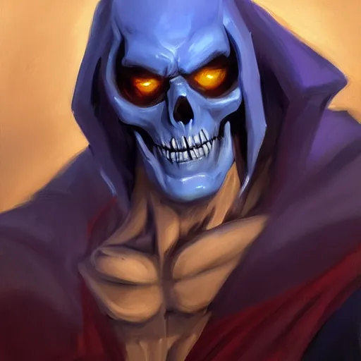 Image similar to greg manchess portrait painting of powerful skeletor the master of the universe as overwatch character, medium shot, asymmetrical, profile picture, organic painting, sunny day, matte painting, bold shapes, hard edges, street art, trending on artstation, by huang guangjian, gil elvgren, ruan jia, greg rutkowski, gaston bussiere