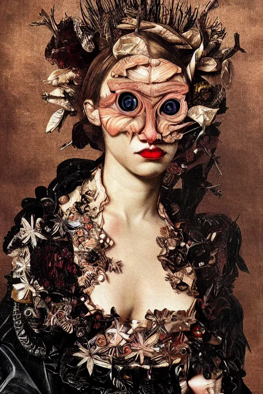 Image similar to Detailed maximalist portrait with large lips and with large eyes, angry expression, HD mixed media, 3D collage, highly detailed and intricate illustration in the style of Caravaggio, dark art, baroque