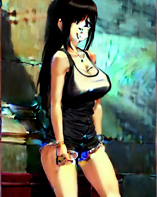 Image similar to tifa wearing tank suit, seductive pose and smile, room background | very very anime!!!, fine - face, audrey plaza, realistic shaded perfect face, fine details. anime. realistic shaded lighting poster by ilya kuvshinov katsuhiro otomo ghost, magali villeneuve, artgerm, jeremy lipkin and michael garmash and rob rey
