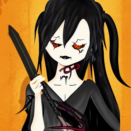 Prompt: a nasty scary demon princess with blach hair holding a katana