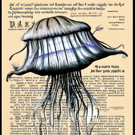 Image similar to jellyfish 4 dultra detailed big written words hello are missing limbs super detailed by printing magazine newspaper cinematic, realistic, intricate