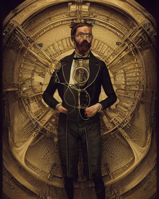 Image similar to epic portrait of victorian man scientist, steampunk, highly detailed, intricate details, symmetry, golden ratio, hyperrealistic, photorealistic, by rutkowski and beeple