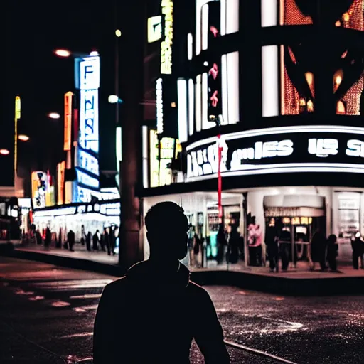 Image similar to silhouette of man smoking cigarette on busy city street, nighttime, neon colors, beautiful close-up photography, 8K