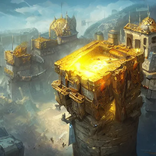 Image similar to a golden siege tower chariots, yellow magic theme, bright art masterpiece artstation. 8 k, sharp high quality artwork in style of jose daniel cabrera pena and greg rutkowski, concept art by tooth wu, blizzard warcraft artwork, hearthstone card game artwork, cart wheels