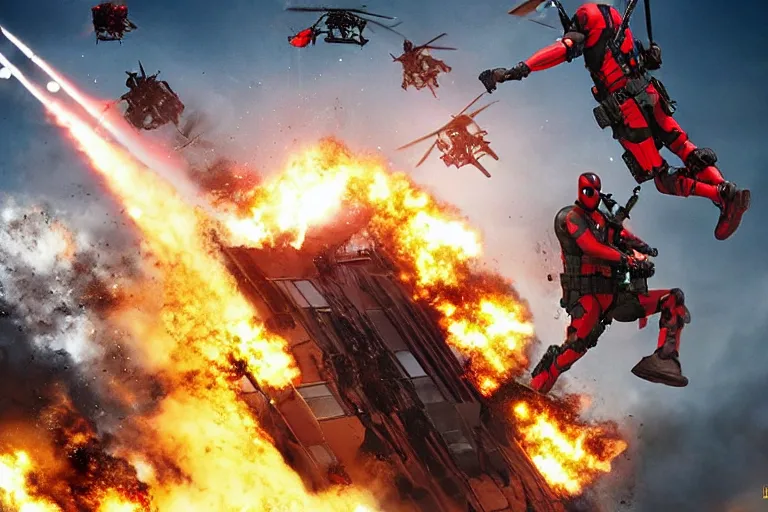 Image similar to militarily helicopter firing missiles and Deadpool leaps off smashes through high rise window, explosions, by Michael Bay