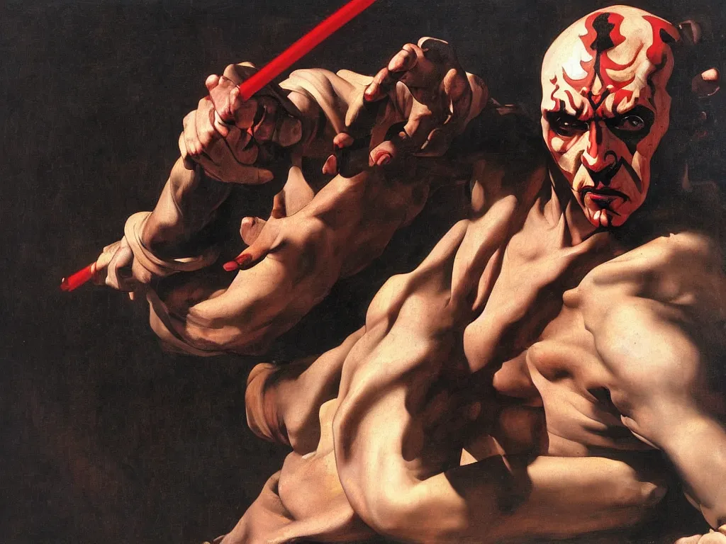 Image similar to Darth maul painted by Caravaggio, baroque painting, renaissance painting, 8k, highly detailed