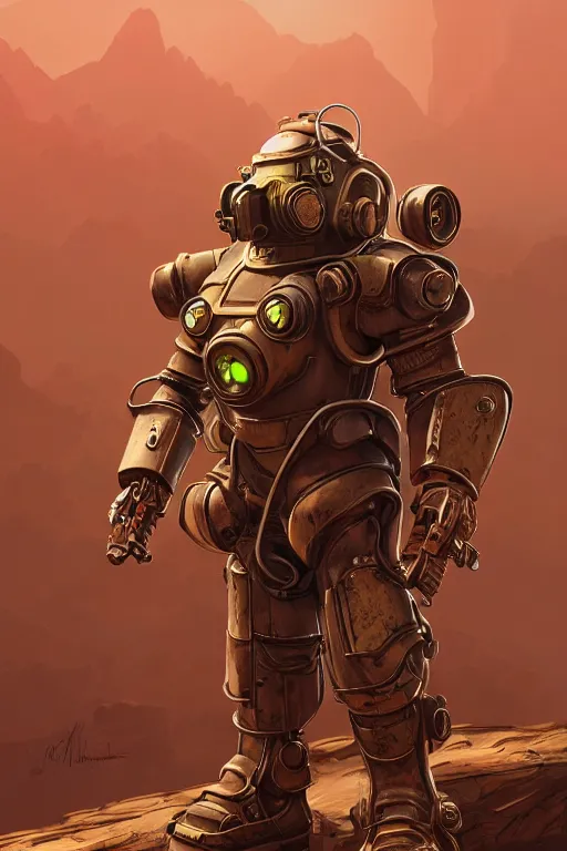 Image similar to hardmesh retro futurist steampunk fallout 7 6 power armor, hyper realistic, art cover, official fanart behance hd artstation by jesper ejsing, by rhads, makoto shinkai, unreal engine, radiating a glowing aura global illumination ray tracing hdr