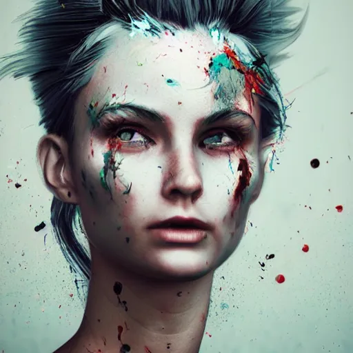 Image similar to women portrait made out of exploding paint, epic hair, octane render, highly detailed, realistic, comic book art