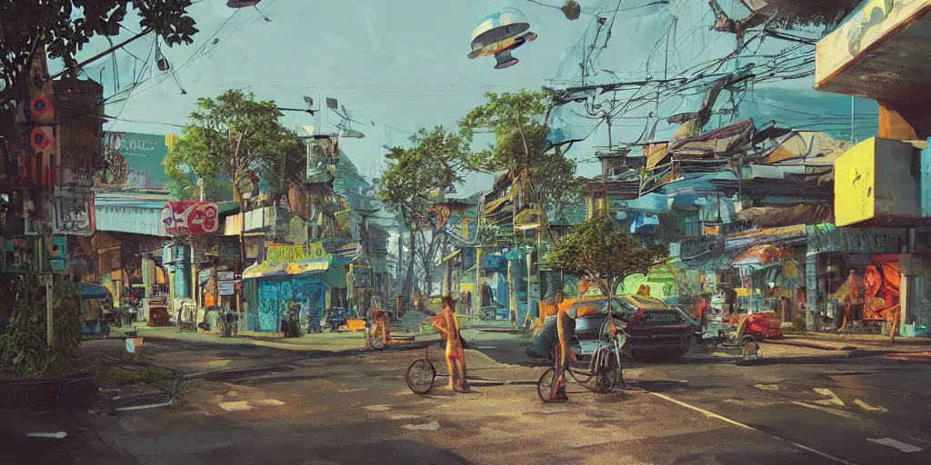 Image similar to a bangkok seaside street view with a giant weird creaturesimon stalenhag, highly detailed, digital art, realistic, trending on artstation, 4 k