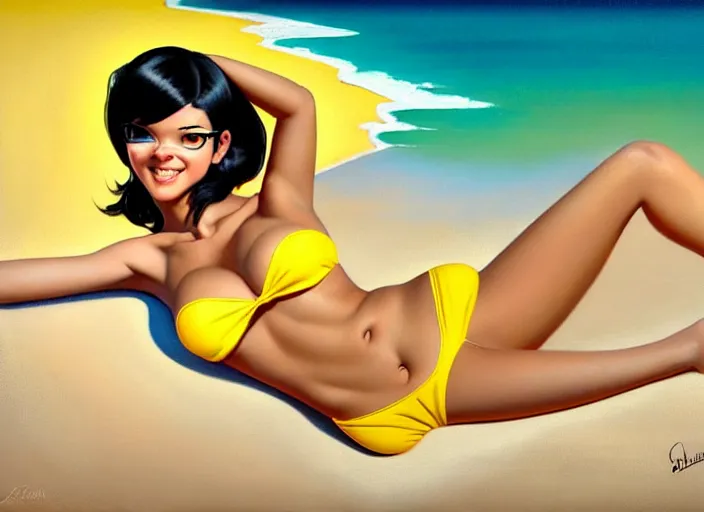 Prompt: a girl with black hair, overwatch tracer, with a very beautiful symmetrical face, a smile on her face, tanned skin, in a yellow bikini, against the background of a sea beach, in art style, the style of the artist gil elvgren, high detail, digital painting, hyperrealism