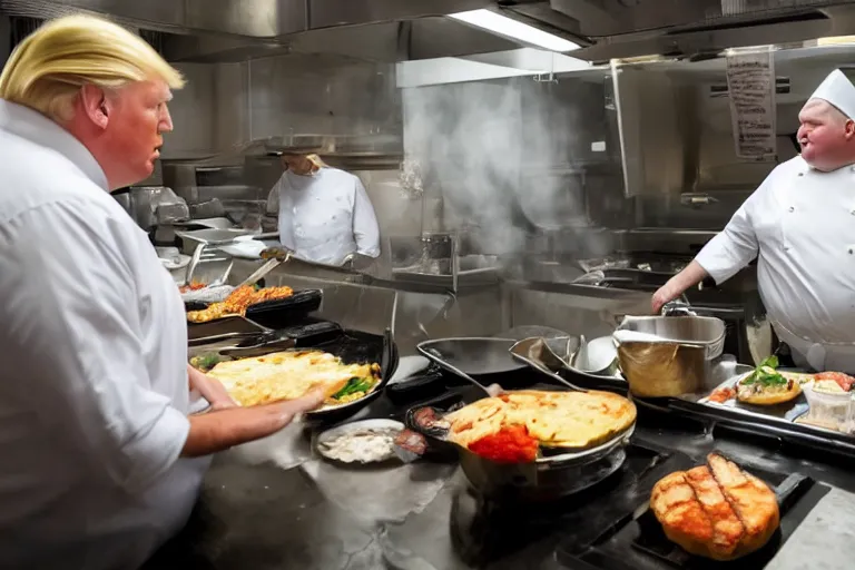 Prompt: high quality photo of fat Donald Trump working as a cook at a diner. He he is cooking on a griddle. He is yelling and making a mess. Food is going everywhere. Dimly lit