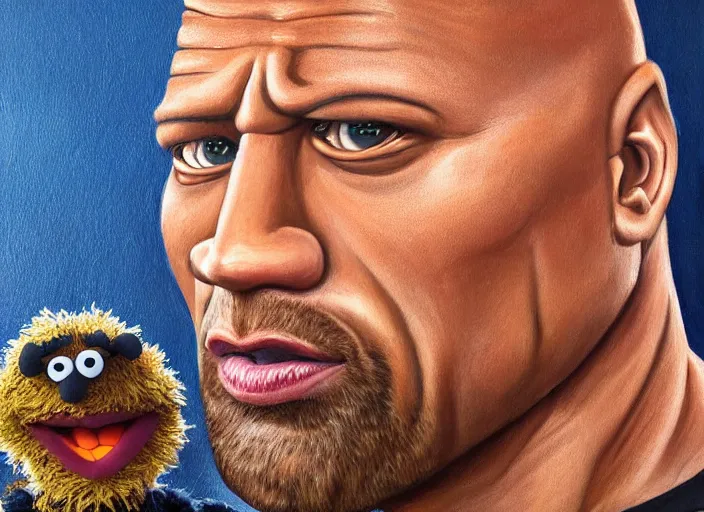 Prompt: a highly detailed beautiful painting of dwayne the rock johnson as a muppet, by albuquerque, rafael