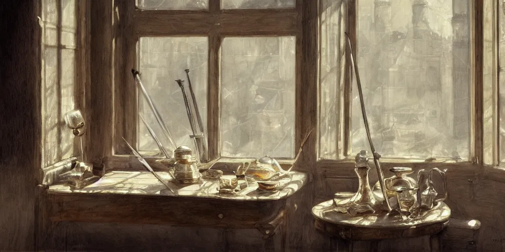 Prompt: a beautiful detailed painting, rapiers on a table, morning light through a window, didier graffet, artstation