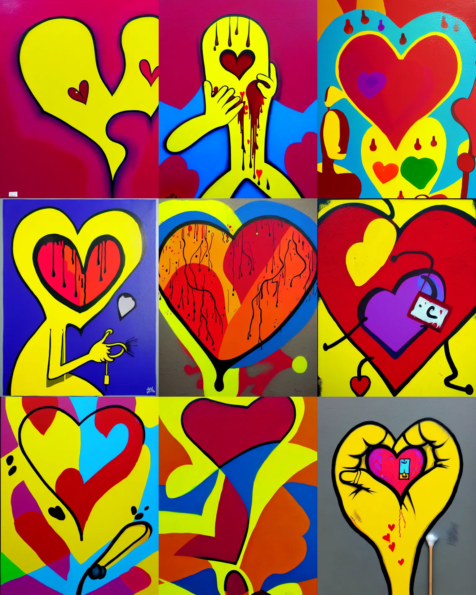 Prompt: heart, drip painting, graffiti, highly detailed, simple, no jagged lines, smooth, artstation, centered artwork by os gemeos
