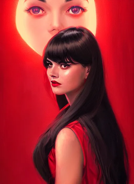 Image similar to portrait of veronica lodge with bangs, 1 9 6 0 s, long hair, red clothes, bangs, intricate, elegant, glowing lights, highly detailed, digital painting, artstation, concept art, smooth, sharp focus, illustration, art by wlop, mars ravelo and greg rutkowski