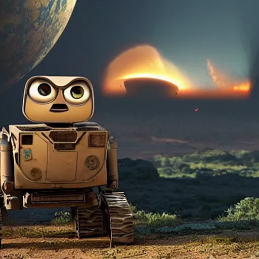 Image similar to wall-e witnessing a nuclear explosion in the distance