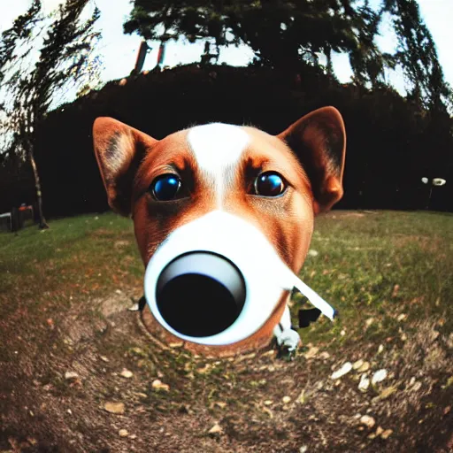 Image similar to fisheye lens photo of a dog wearing a fake moustache