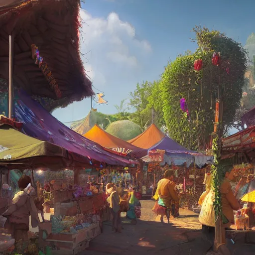 Image similar to shrek craig mullins and ghibli digital illustration of solarpunk farmers market, festival, colorful, unreal engine, hyper realism, realistic shading, cinematic composition, realistic render, octane render, detailed textures, photorealistic, wide shot