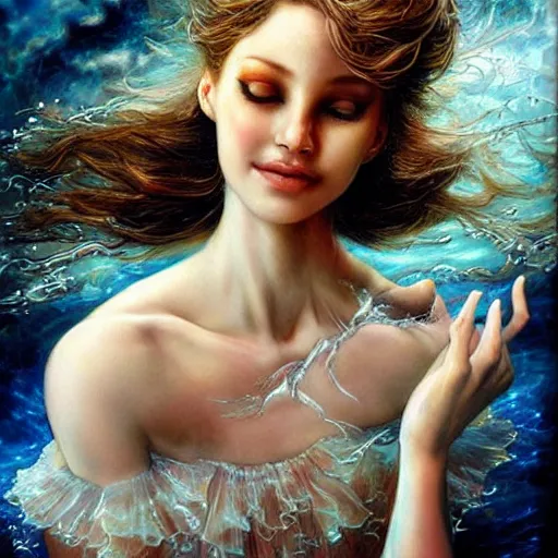 Image similar to a beautiful ballerina manipulating water by karol bak, ayami kojima, artgerm, river, water, blue eyes, smile, concept art, fantasy