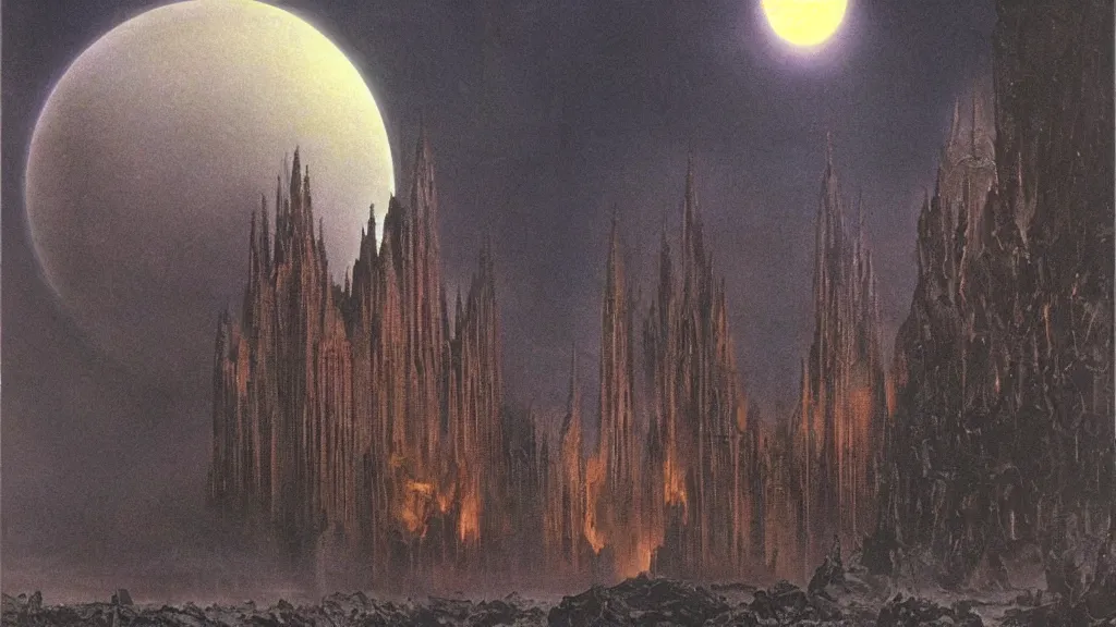 Prompt: eerie atmospheric alien planet with a cathedral like rocket by jack gaughan and bob eggleton and chris moore, epic cinematic matte painting