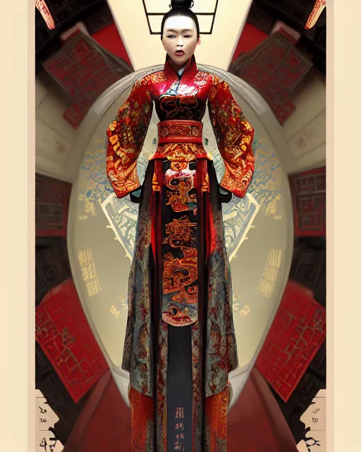 Image similar to portrait of a chinese cyberpunk machine, machine face, robed, upper half portrait, decorated with chinese opera motifs, regal, asian, fine china, wuxia, traditional chinese art intricate intense elegant 京 剧 highly detailed digital painting artstation concept art smooth sharp focus illustration, art by artgerm and greg rutkowski alphonse mucha 8 k