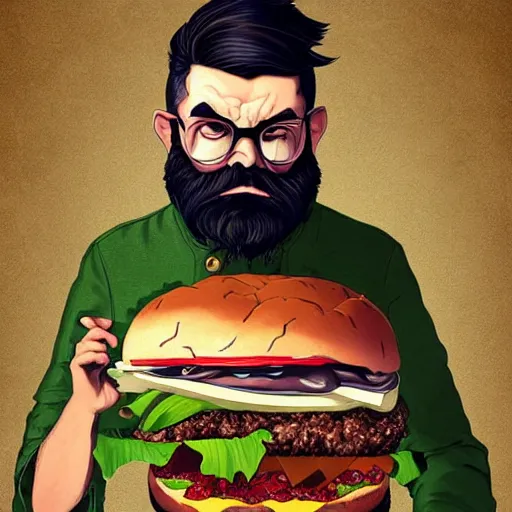 Prompt: beard man angry with italian burger, because theyre mixin salad with escargot, matte, symmetrical anatomy, hyperdetailed, digital art, baroque, pop punk art style, fantasy, full body pictures, without duplication, art by artgerm and ilya kuvshinov and vinicius gud and gustavo zambelli, intricate.