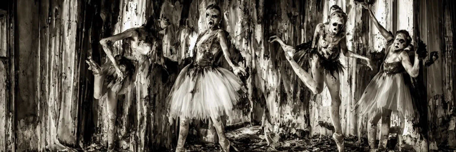 Image similar to a pair of horror zombie ballerina's in black latex tutu dancing swanlake in a rundown, moldy and dirty theater. light is coming in via stained windows, henri cartier besson