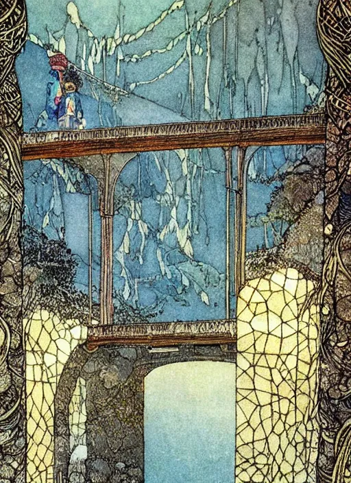 Image similar to an crystal bridge crosses a river flowing with stars, highly detailed, aesthetics, by edmund dulac