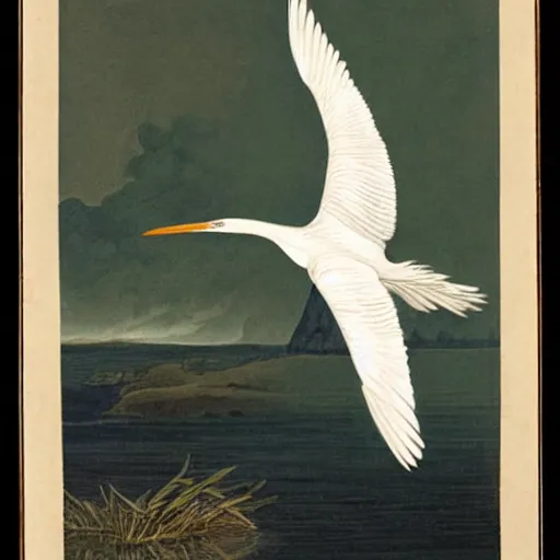 Image similar to a flying egret, by john-audubon