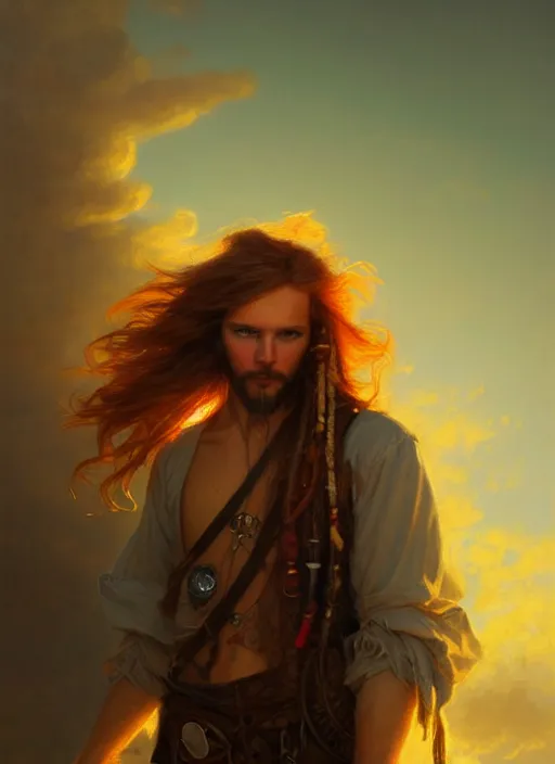 Prompt: portrait painting of a handsome rugged long hair crimson hair male pirate, soft hair steampunk ornate zeppelin in the sky sunset golden hour art by greg rutkowski gaston bussiere fantasy soft hair trending on artstation deviantart book cover art concept art key art dramatic volumetric lighting, 4 k, award winning