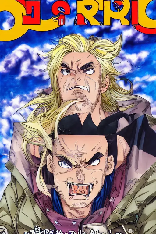 Image similar to jojo's bizzare adventure manga volume cover, boy with blue eyes and long blonde hair, symmetrical face happy, mustache, stubble, steel ball run, handsome face, jojo's bizzare adventure, manga cover, hirohiko araki, illustration