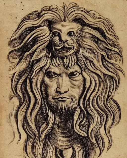 Prompt: a creature with four faces in one, human eyes, eagle beak, lion mane, two horns on the head, drawn by da vinci. symmetrical