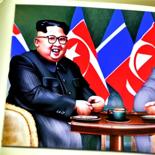 Prompt: photorealistic image of a meeting between kim jong un and paul pot