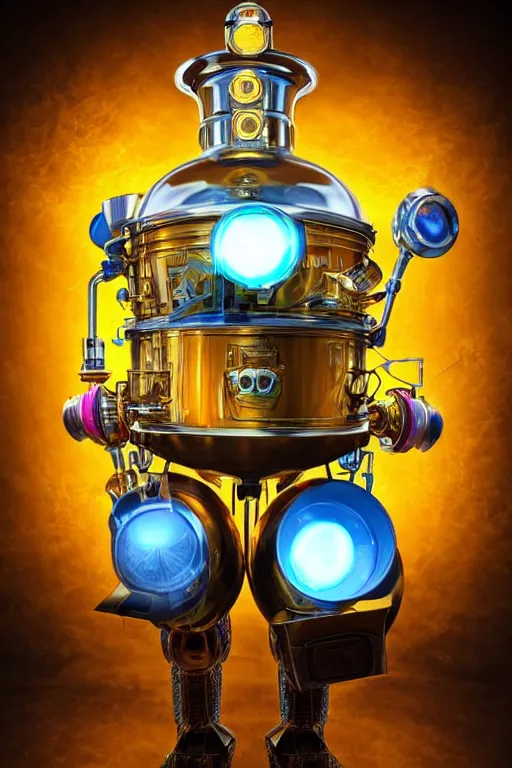 Prompt: portrait photo of a huge golden and blue metal steampunk robot wearing a big chef hat, with steaming pots and pans and tubes, eyes are green lights, shiny crisp finish, 3 d render, 8 k, insaneley detailed, fluorescent colors, background is multicolored lasershow