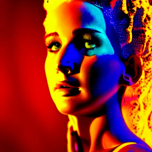 Prompt: jennifer lawrence as the bride of frankenstein, macro photography, glowing retinas, vaporwave, fuscia cyan yellow white light