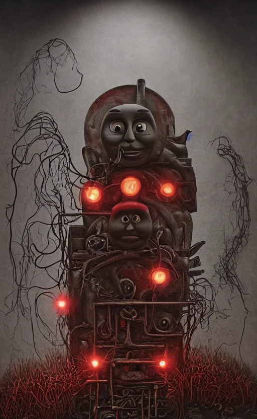 Image similar to thomas the tank engine in style of zdzisław beksinski, extremely dramatic lighting, 8 k, tendrils, black, darkness, black slime tendrils, infected, rust, body horror, thomas the train, thomas the tank engine face, horror,