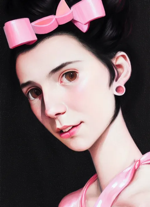 Image similar to portrait of teenage girl, realistic, black hair, bangs, half updo hairstyle, pointy nose, skinny, smile, ugly, defined jawline, big chin, pink hair bow, earrings, intricate, elegant, glowing lights, highly detailed, digital painting, artstation, sharp focus, illustration, art by wlop, mars ravelo and greg rutkowski