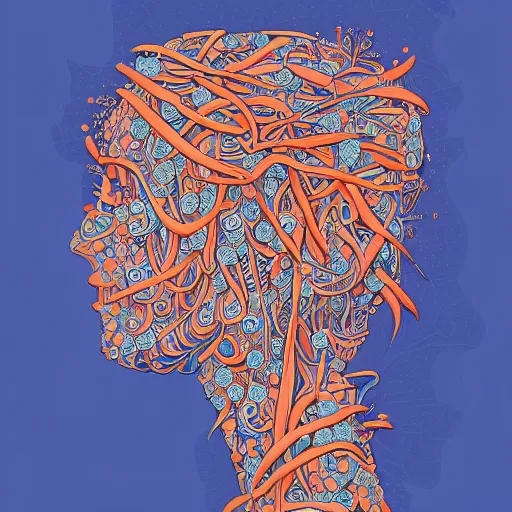 Image similar to a beautiful head of a woman partially made of carrots and blueberries, an ultrafine detailed illustration by james jean, intricate linework, bright colors, behance contest winner, vanitas, angular, altermodern, unreal engine 5 highly rendered, global illumination, radiant light, detailed and intricate environment