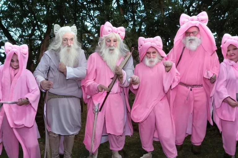 Image similar to group shot of many Gandalfs wearing pink Hello kitty costumes, laughing maniacally, sunrise, movie still from Lord of the Rings, cinematic