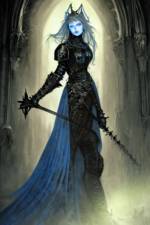 Image similar to beautiful luxury and gothic and victorian and evil medieval female blue armor knight portrait+smoky eyes+light flowing hair, in ruin gothic cathedral, ultradetail face, art and illustration by tian zi and craig mullins and WLOP and alphonse mucha, fantasy, intricate complexity, human structure, fantasy world concept, watermark, blurry, hyperrealism 8k