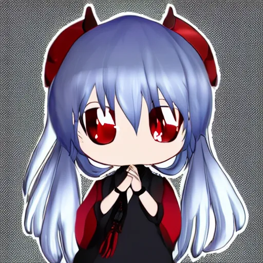 Image similar to vtuber white hair, red eyes, two little horn on the head, chibi